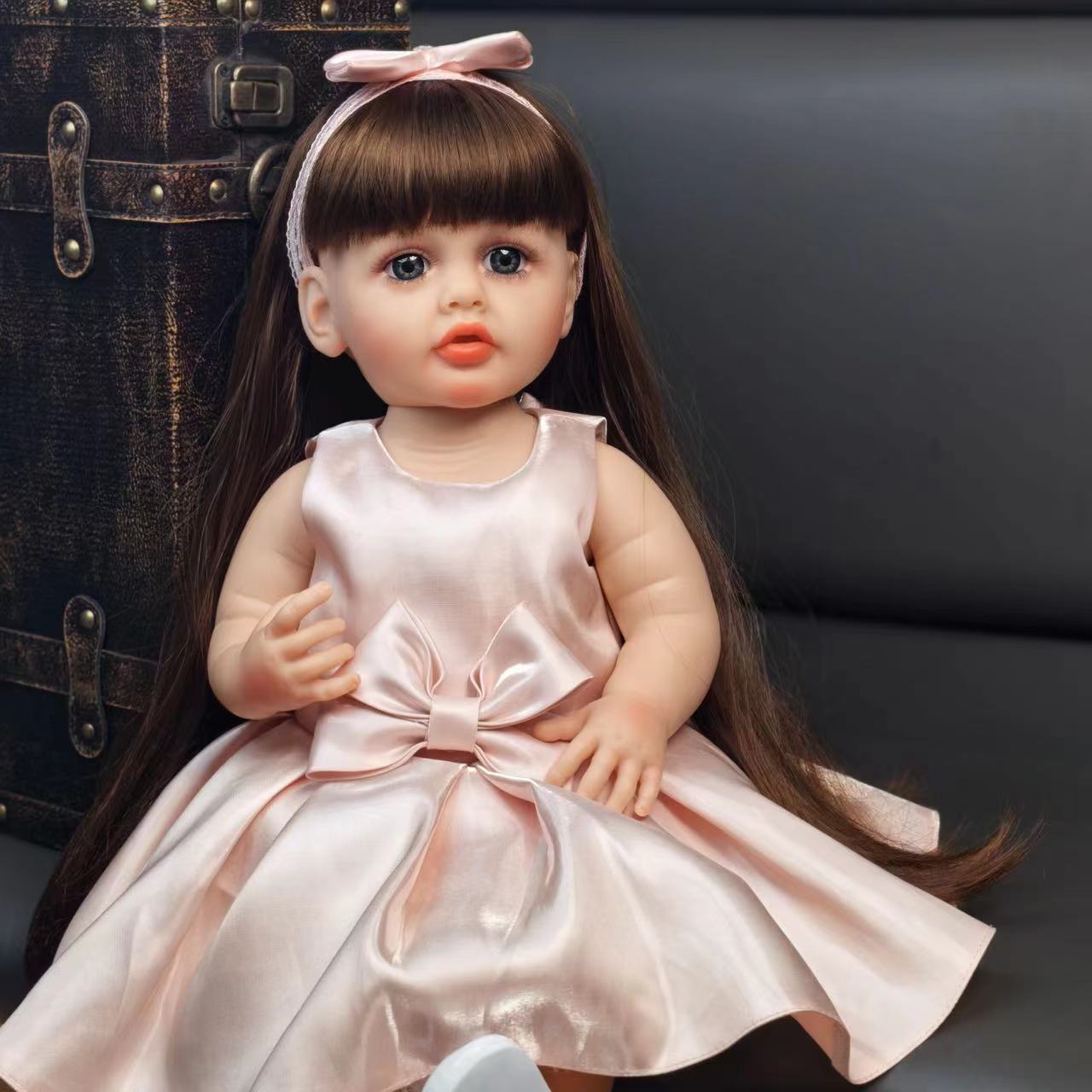 22 inch Full Body Silicone Realistic Baby Girl with Light Brown Hair & Acrylic Eyes, Pink Heart Princess Dress Set with Shoes & Accessories, Gift for Girls 3+