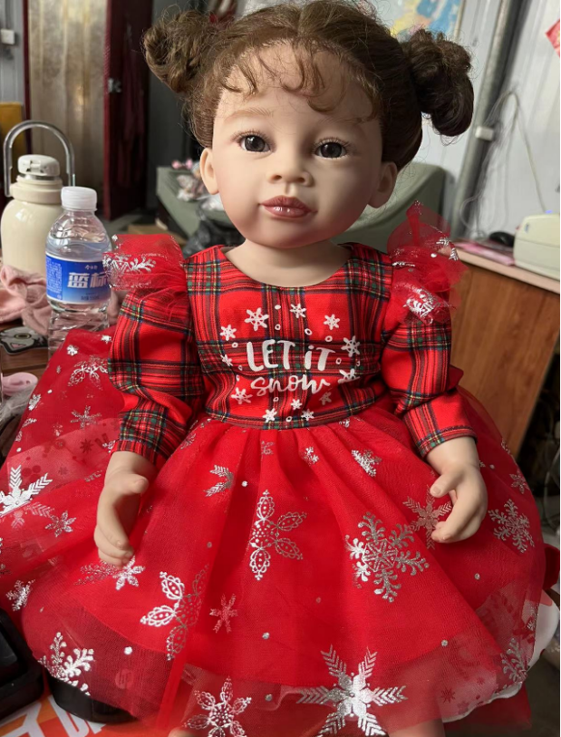 22 inch Full Body Silicone Realistic Baby Girl with Light Brown Hair & Acrylic Eyes, Red Heart Princess Dress Set with Shoes & Accessories, Gift for Girls 3+