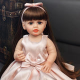 22 inch Full Body Silicone Realistic Baby Girl with Light Brown Hair & Acrylic Eyes, Pink Heart Princess Dress Set with Shoes & Accessories, Gift for Girls 3+