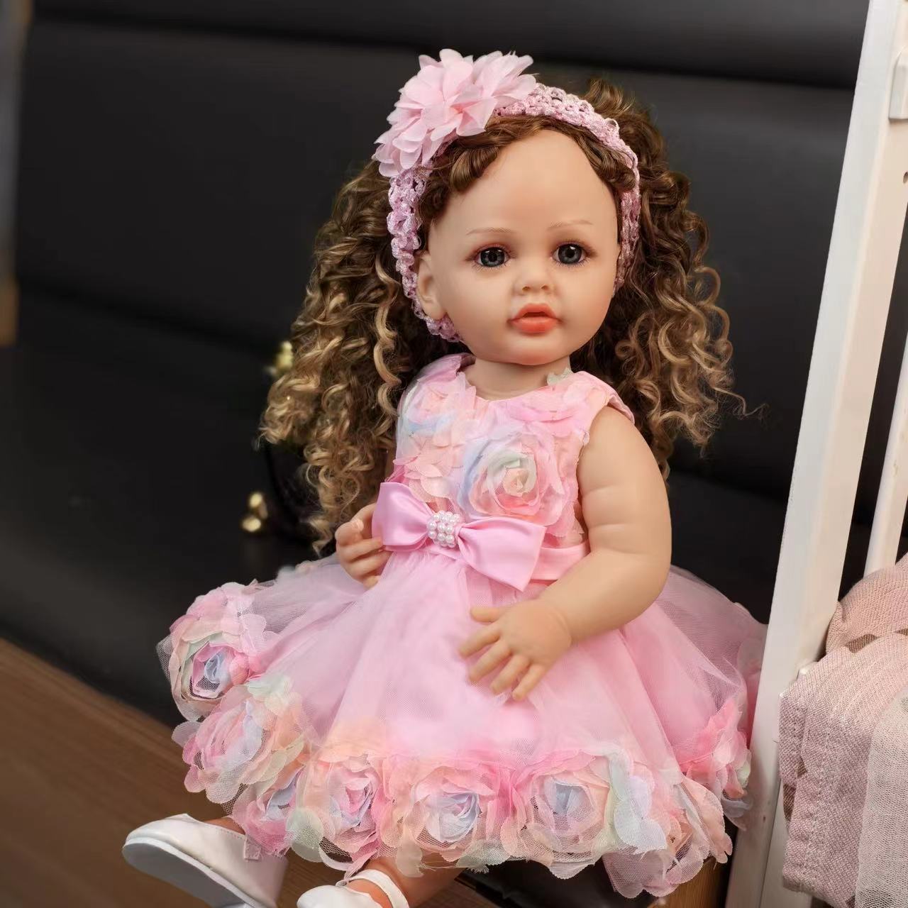 22 inch Full Body Silicone Realistic Baby Girl with Light Brown Hair & Acrylic Eyes, Pink Heart Princess Dress Set with Shoes & Accessories, Gift for Girls 3+