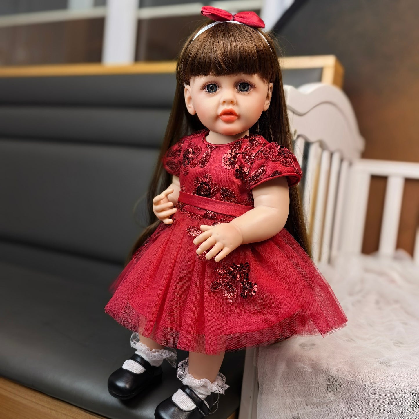 22 inch Full Body Silicone Realistic Baby Girl with Light Brown Hair & Acrylic Eyes, Pink Heart Princess Dress Set with Shoes & Accessories, Gift for Girls 3+