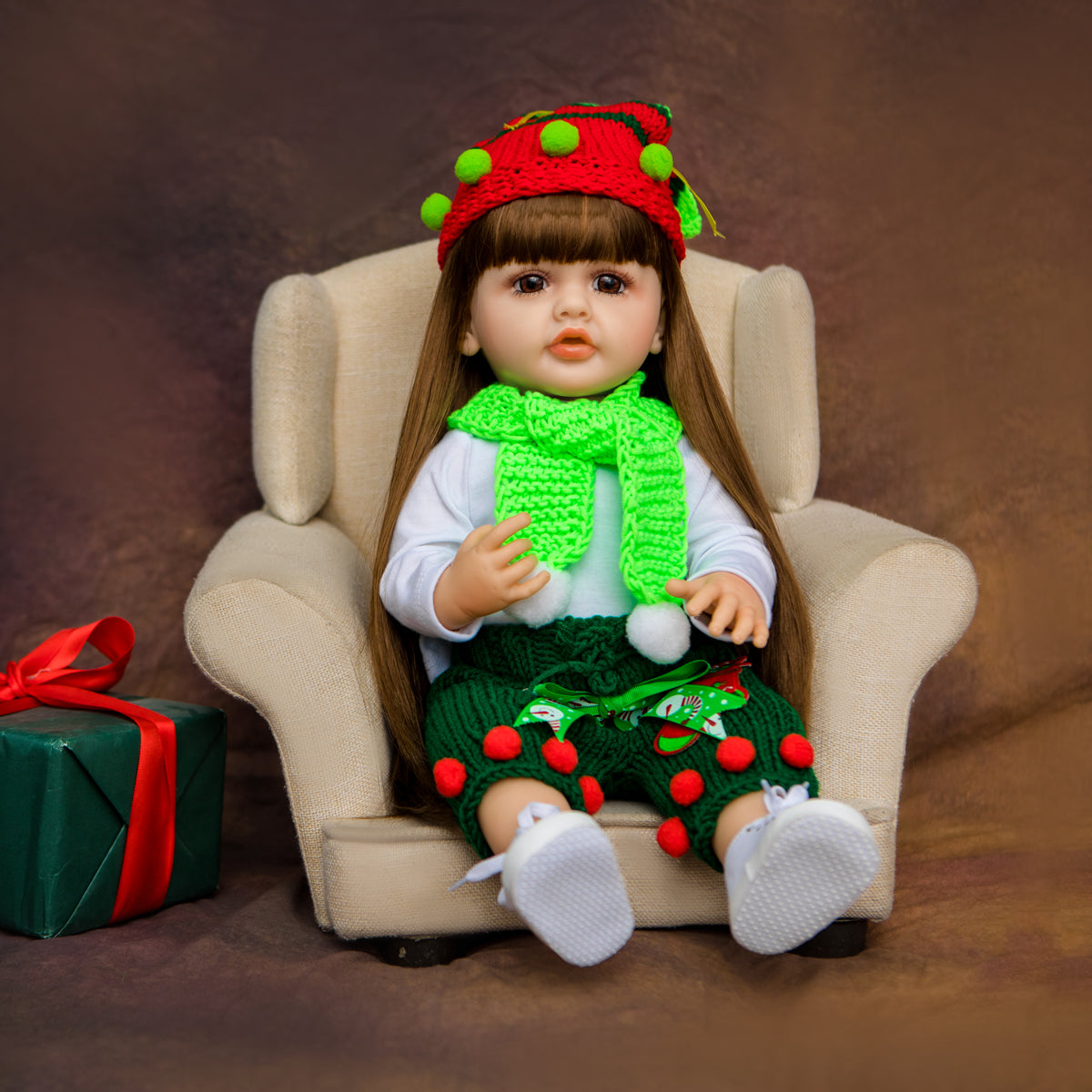 22 Inch Full Body Silicone Realistic Baby Girl with Long Brown Hair & Princess Style, Gift for Girls 3+