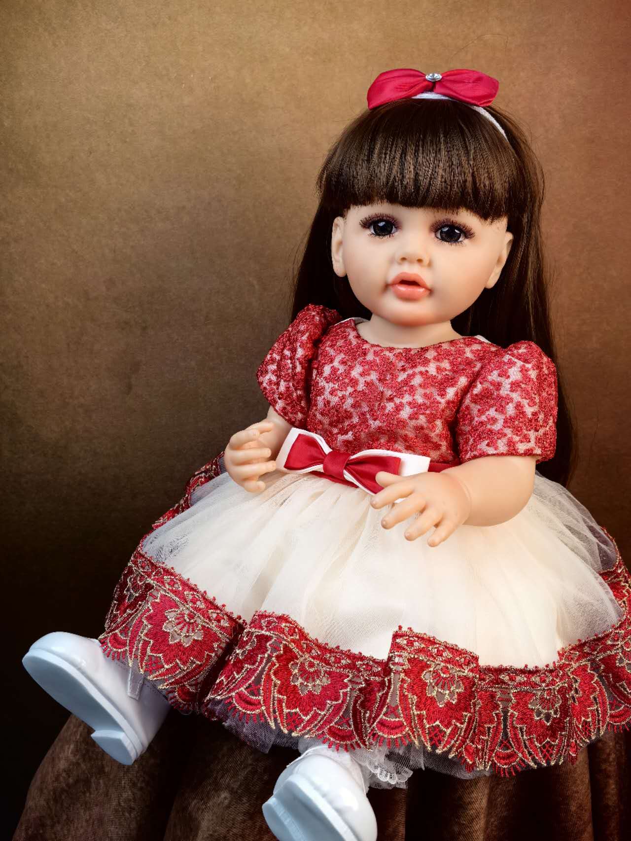 22 inch Full Body Silicone Realistic Baby Girl with Light Brown Hair & Acrylic Eyes, Pink Heart Princess Dress Set with Shoes & Accessories, Gift for Girls 3+