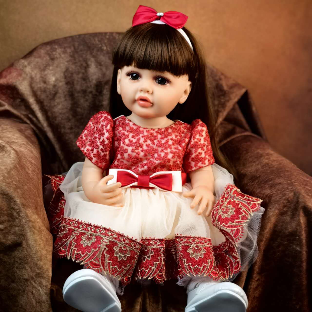 22 inch Full Body Silicone Realistic Baby Girl with Light Brown Hair & Acrylic Eyes, Pink Heart Princess Dress Set with Shoes & Accessories, Gift for Girls 3+
