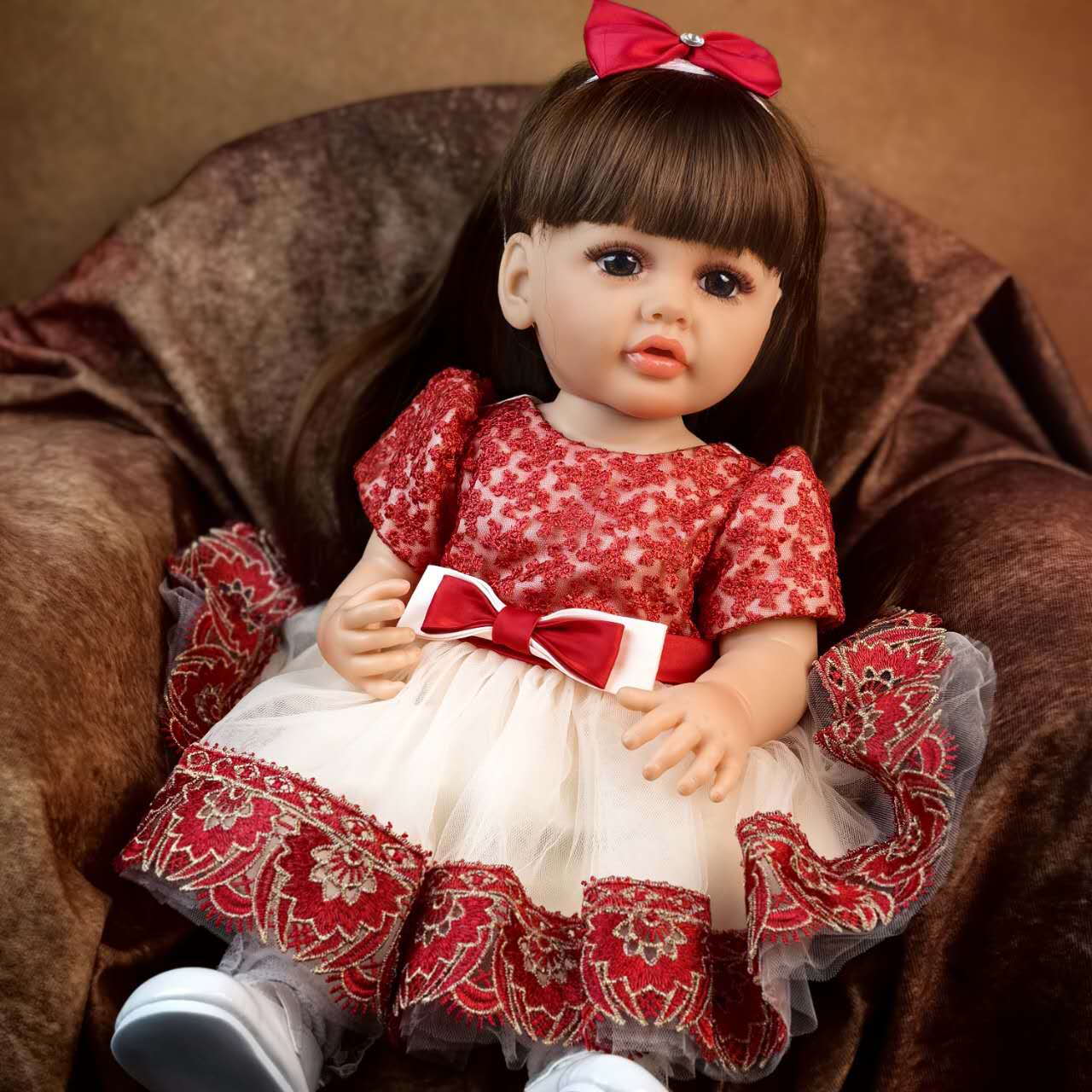 22 inch Full Body Silicone Realistic Baby Girl with Light Brown Hair & Acrylic Eyes, Pink Heart Princess Dress Set with Shoes & Accessories, Gift for Girls 3+