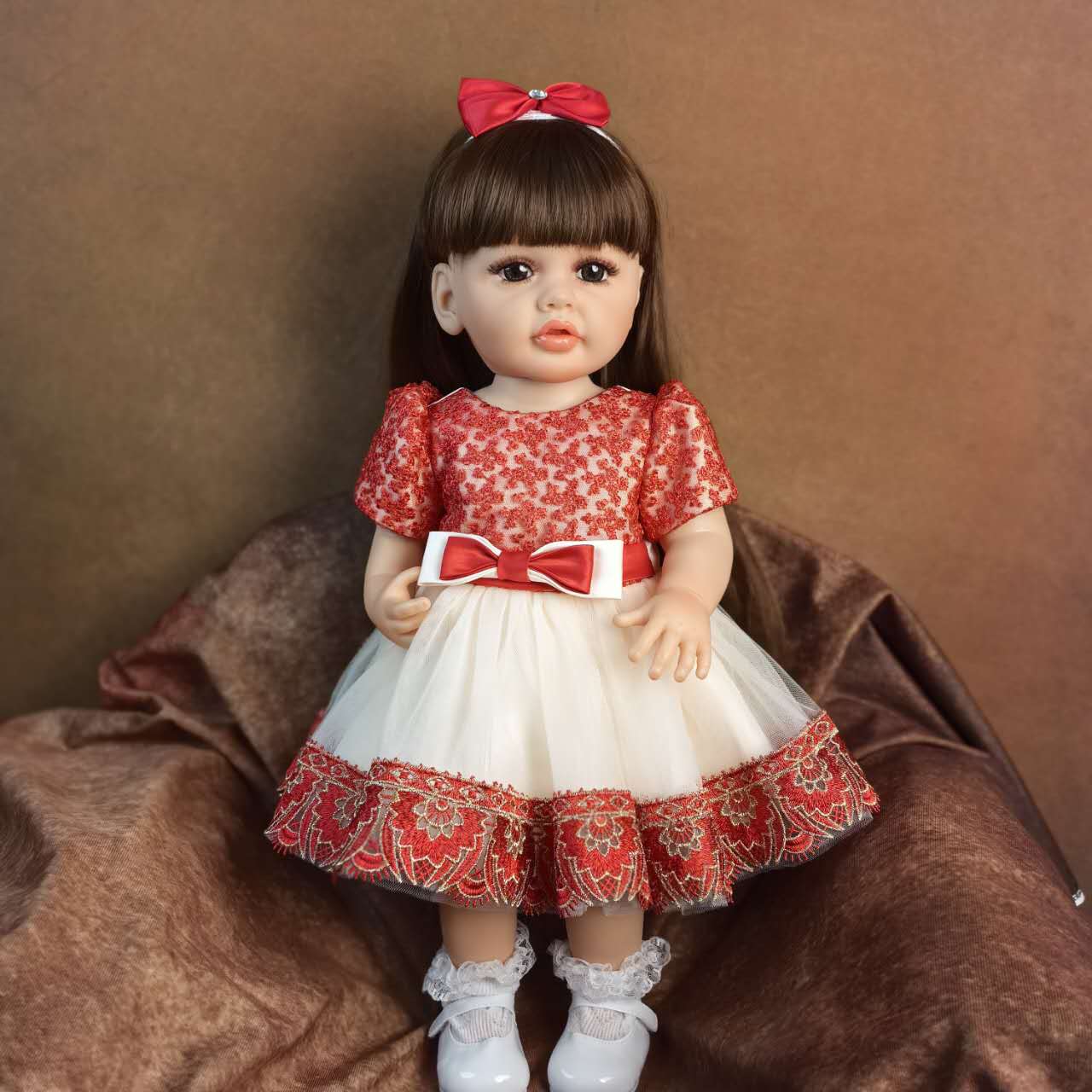 22 inch Full Body Silicone Realistic Baby Girl with Light Brown Hair & Acrylic Eyes, Pink Heart Princess Dress Set with Shoes & Accessories, Gift for Girls 3+