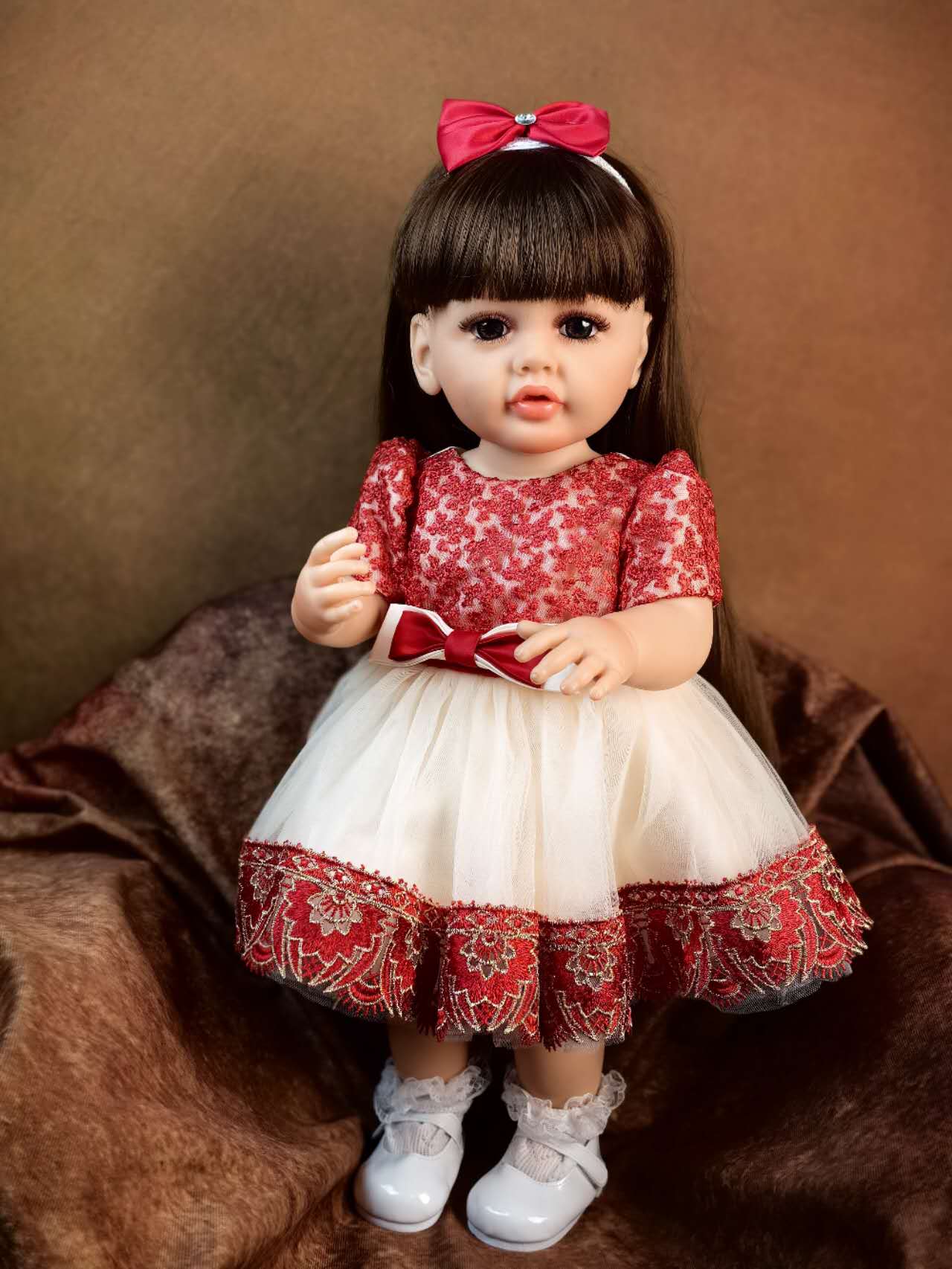 22 inch Full Body Silicone Realistic Baby Girl with Light Brown Hair & Acrylic Eyes, Pink Heart Princess Dress Set with Shoes & Accessories, Gift for Girls 3+