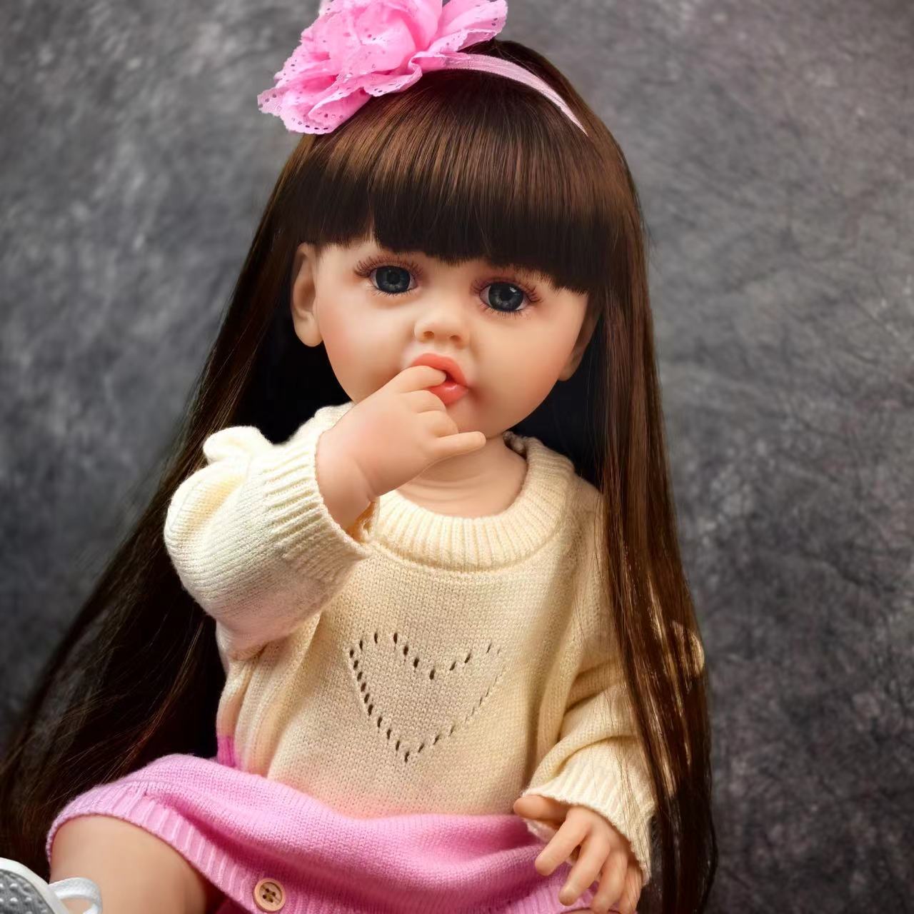 22 inch Full Body Silicone Realistic Baby Girl with Light Brown Hair & Acrylic Eyes, Pink Heart Princess Dress Set with Shoes & Accessories, Gift for Girls 3+