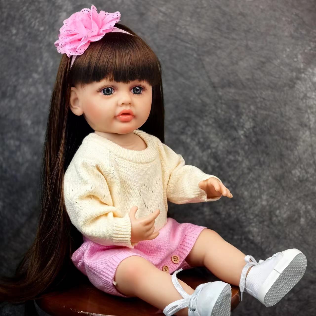 22 inch Full Body Silicone Realistic Baby Girl with Light Brown Hair & Acrylic Eyes, Pink Heart Princess Dress Set with Shoes & Accessories, Gift for Girls 3+