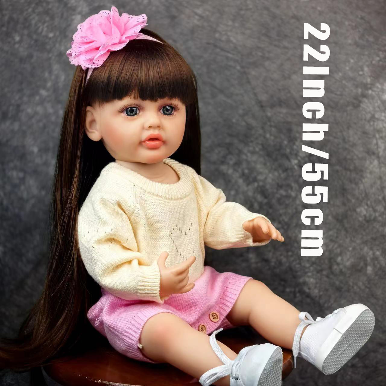 22 inch Full Body Silicone Realistic Baby Girl with Light Brown Hair & Acrylic Eyes, Pink Heart Princess Dress Set with Shoes & Accessories, Gift for Girls 3+