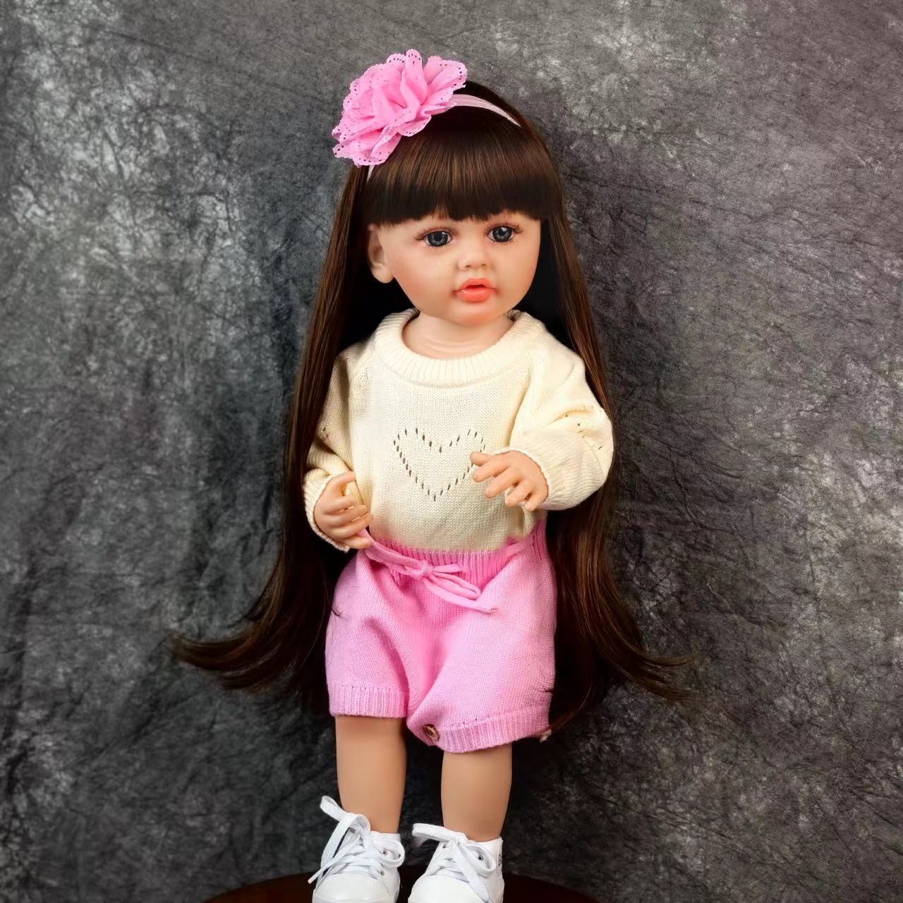 22 inch Full Body Silicone Realistic Baby Girl with Light Brown Hair & Acrylic Eyes, Pink Heart Princess Dress Set with Shoes & Accessories, Gift for Girls 3+