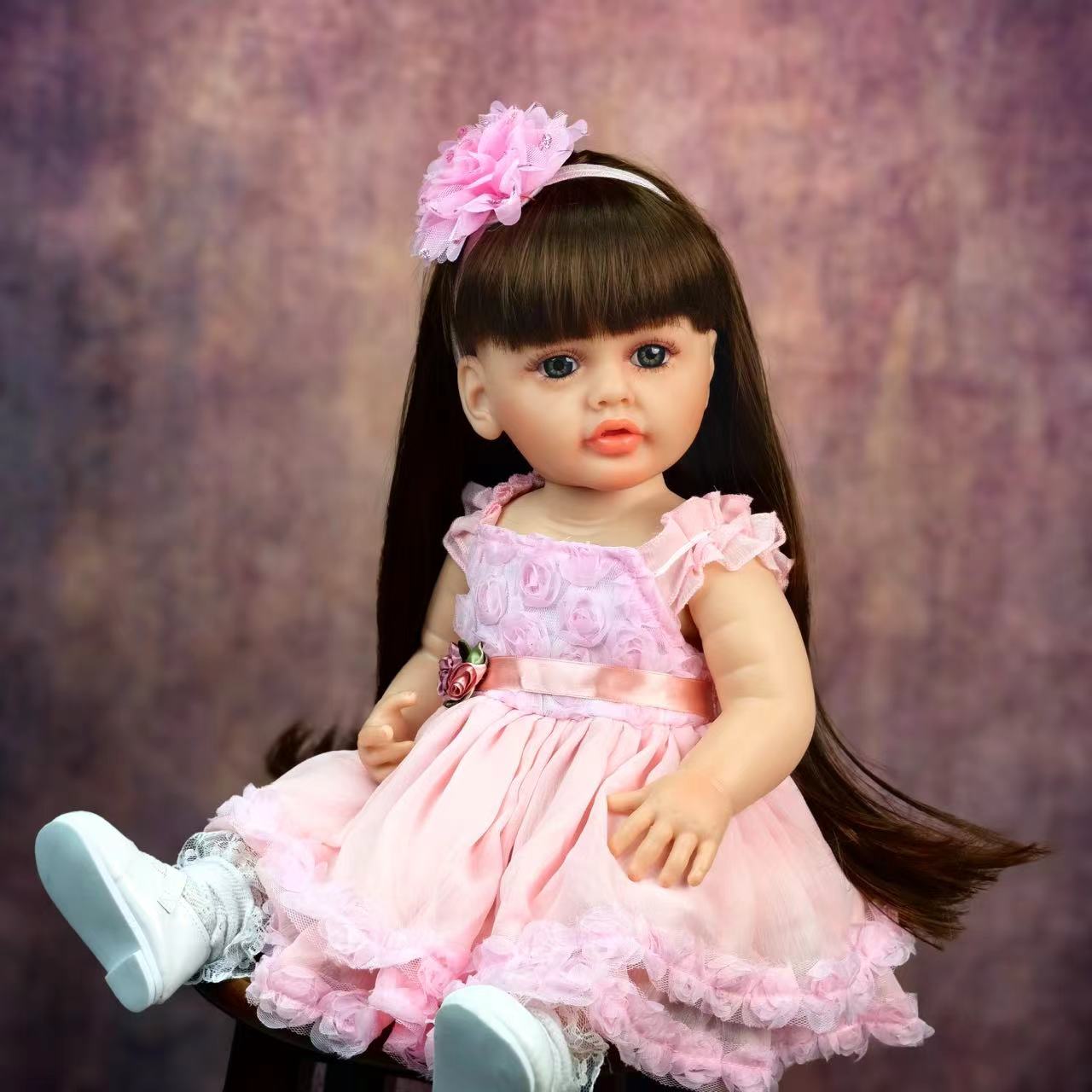 22 inch Full Body Silicone Realistic Baby Girl with Light Brown Hair & Acrylic Eyes, Pink Heart Princess Dress Set with Shoes & Accessories, Gift for Girls 3+