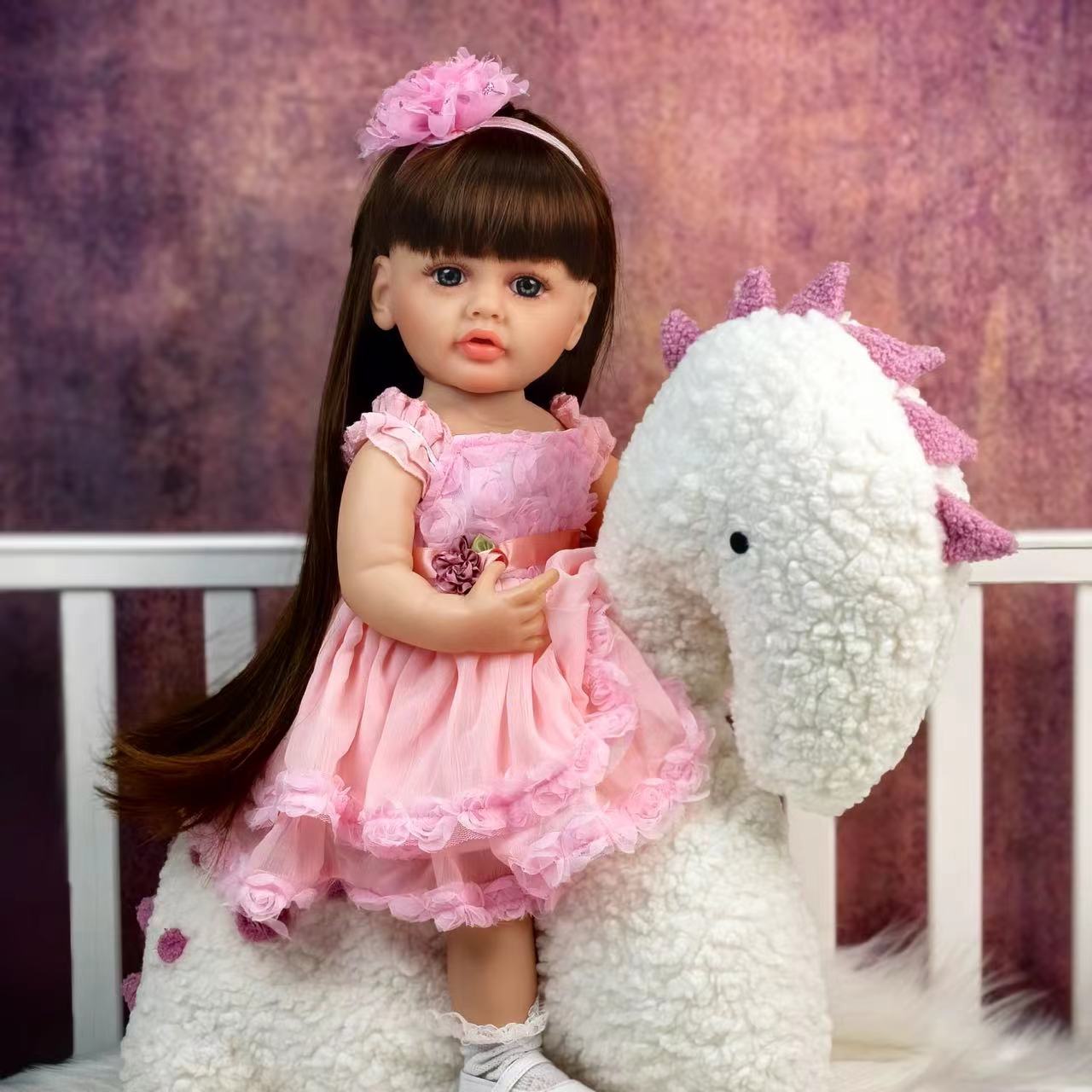 22 inch Full Body Silicone Realistic Baby Girl with Light Brown Hair & Acrylic Eyes, Pink Heart Princess Dress Set with Shoes & Accessories, Gift for Girls 3+
