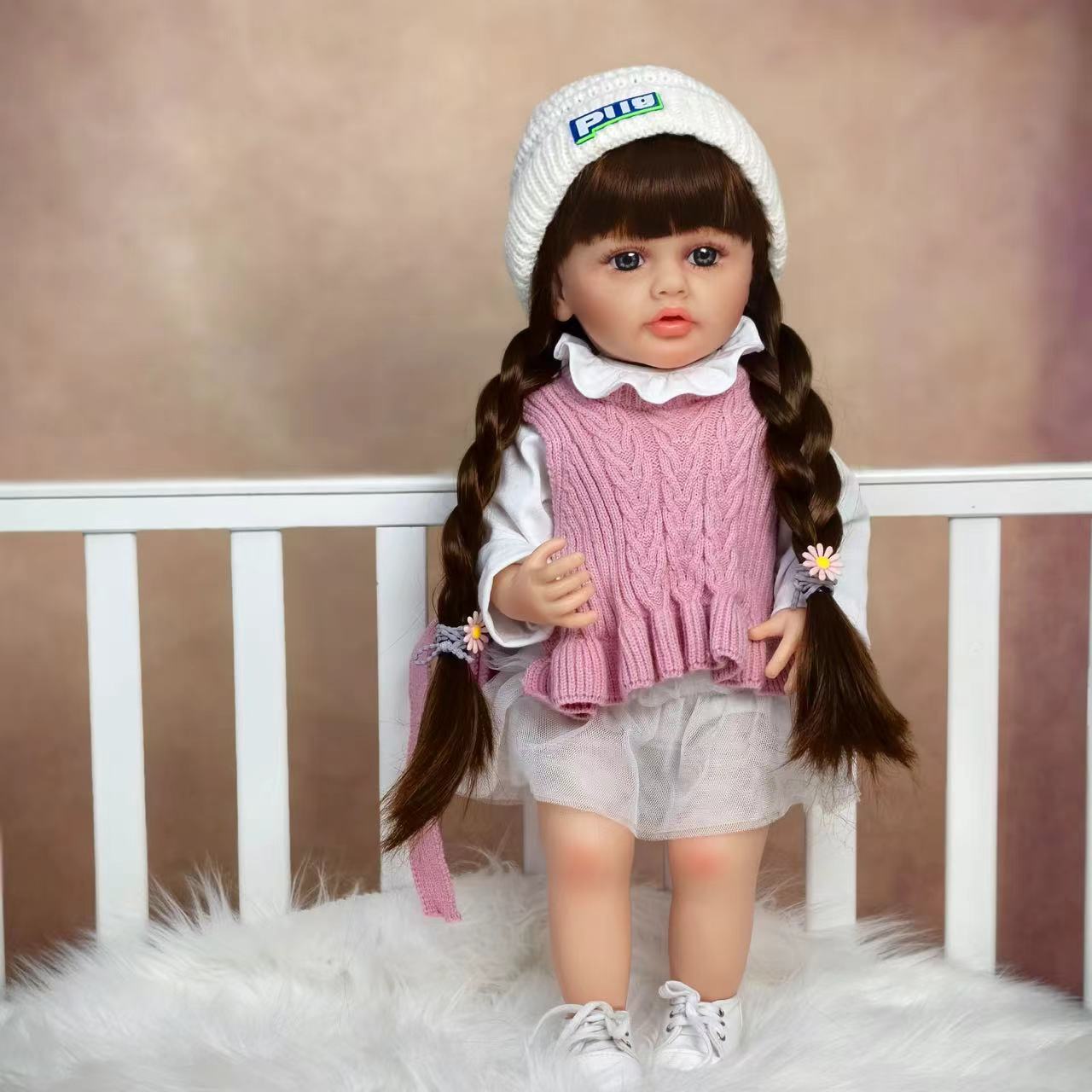 22 Inch Full Body Silicone Realistic Baby Girl with Long Brown Hair & Princess Style, Gift for Girls 3+