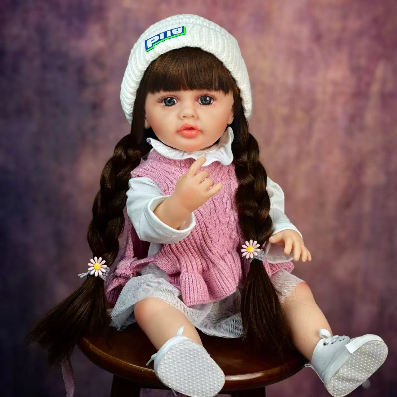 22 Inch Full Body Silicone Realistic Baby Girl with Long Brown Hair & Princess Style, Gift for Girls 3+