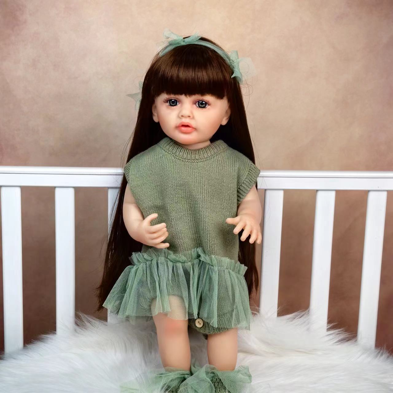 22 inch Full Body Silicone Realistic Baby Girl with Light Brown Hair & Acrylic Eyes, Pink Heart Princess Dress Set with Shoes & Accessories, Gift for Girls 3+
