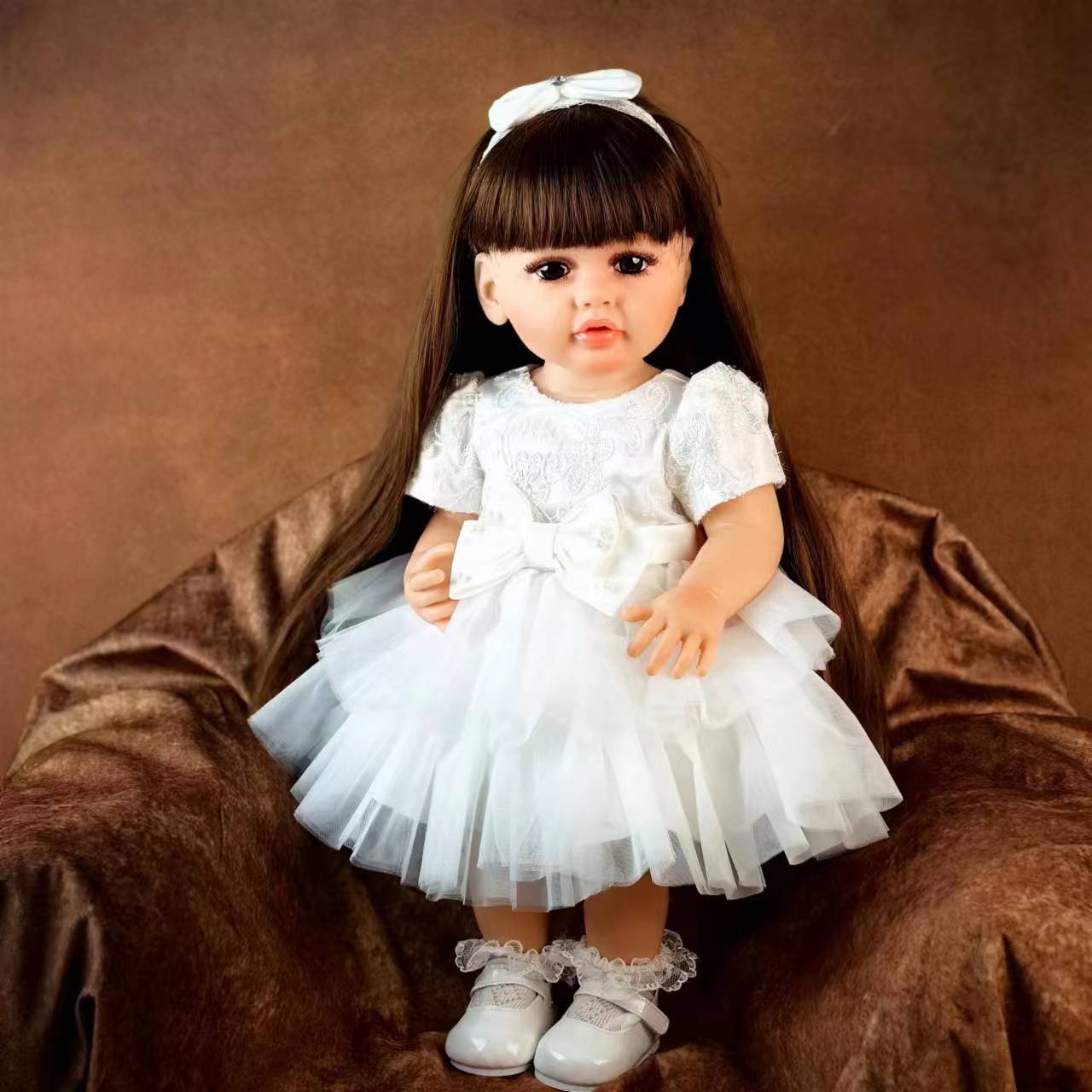 22 inch Full Body Silicone Realistic Baby Girl with Light Brown Hair & Acrylic Eyes, Pink Heart Princess Dress Set with Shoes & Accessories, Gift for Girls 3+