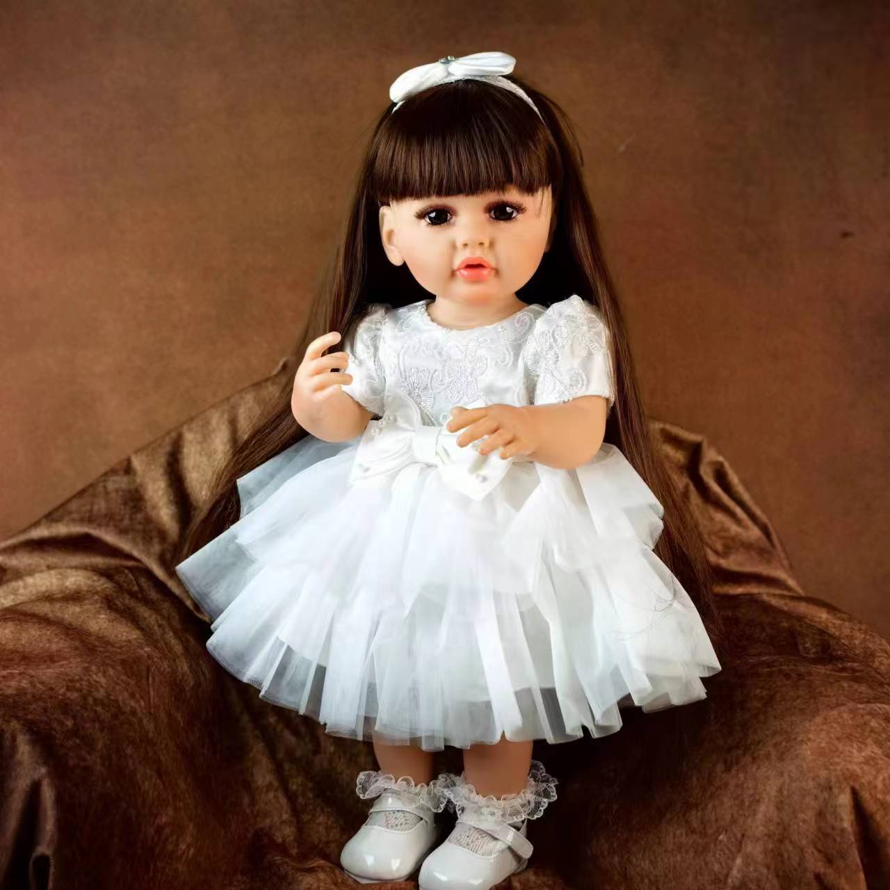 22 inch Full Body Silicone Realistic Baby Girl with Light Brown Hair & Acrylic Eyes, Pink Heart Princess Dress Set with Shoes & Accessories, Gift for Girls 3+