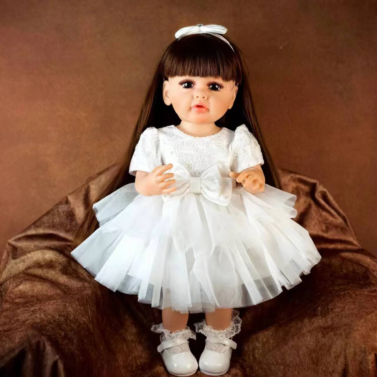 22 inch Full Body Silicone Realistic Baby Girl with Light Brown Hair & Acrylic Eyes, Pink Heart Princess Dress Set with Shoes & Accessories, Gift for Girls 3+