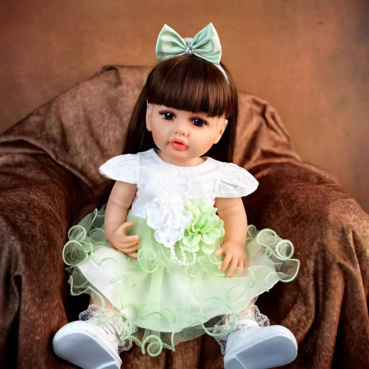 22 inch Full Body Silicone Realistic Baby Girl with Light Brown Hair & Acrylic Eyes, Pink Heart Princess Dress Set with Shoes & Accessories, Gift for Girls 3+