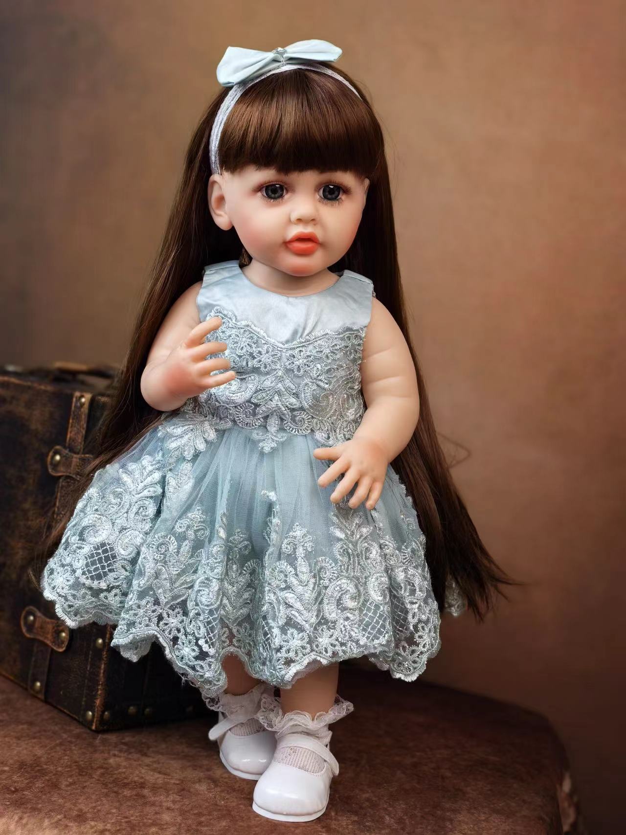 22 inch Full Body Silicone Realistic Baby Girl with Light Brown Hair & Acrylic Eyes, Pink Heart Princess Dress Set with Shoes & Accessories, Gift for Girls 3+