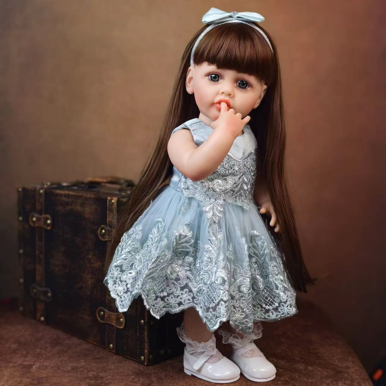 22 inch Full Body Silicone Realistic Baby Girl with Light Brown Hair & Acrylic Eyes, Pink Heart Princess Dress Set with Shoes & Accessories, Gift for Girls 3+