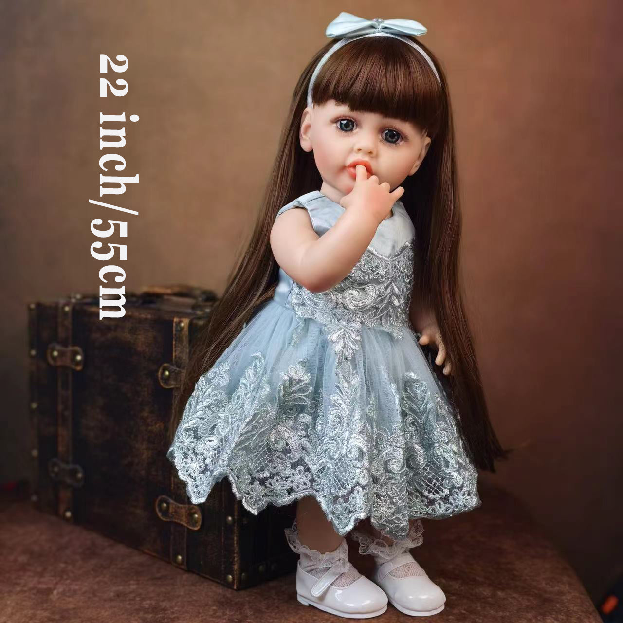 22 inch Full Body Silicone Realistic Baby Girl with Light Brown Hair & Acrylic Eyes, Pink Heart Princess Dress Set with Shoes & Accessories, Gift for Girls 3+