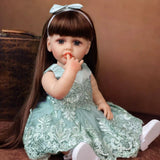 22 inch Full Body Silicone Realistic Baby Girl with Light Brown Hair & Acrylic Eyes, Pink Heart Princess Dress Set with Shoes & Accessories, Gift for Girls 3+