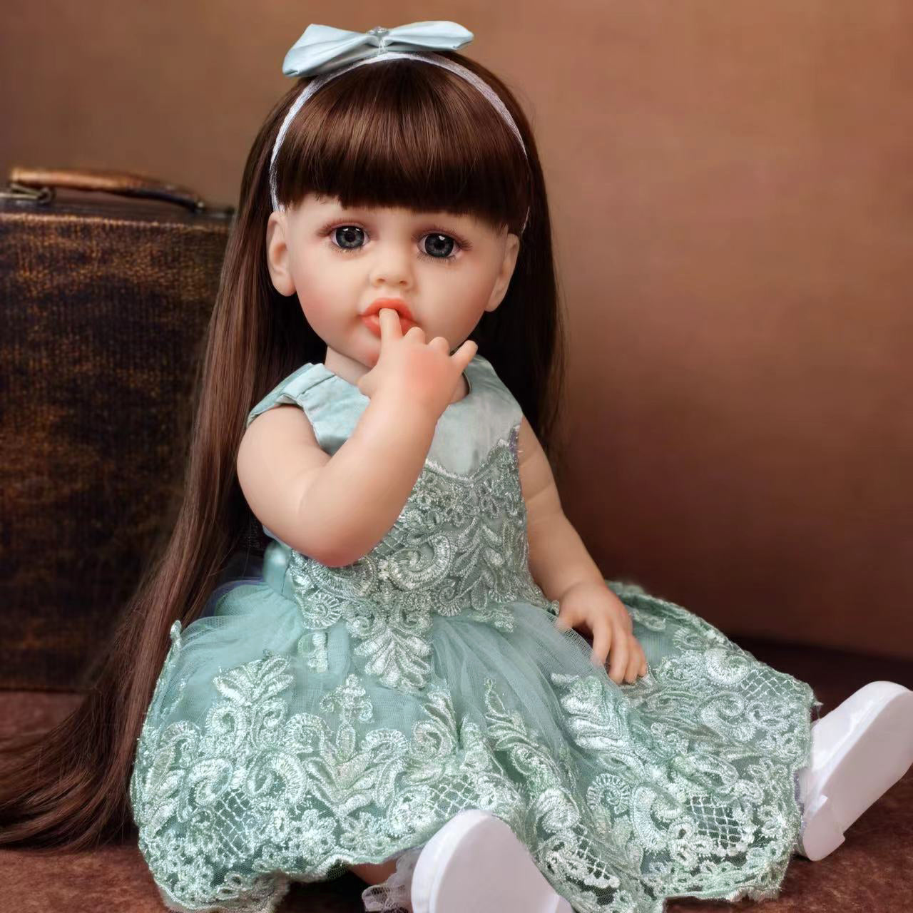 22 inch Full Body Silicone Realistic Baby Girl with Light Brown Hair & Acrylic Eyes, Pink Heart Princess Dress Set with Shoes & Accessories, Gift for Girls 3+