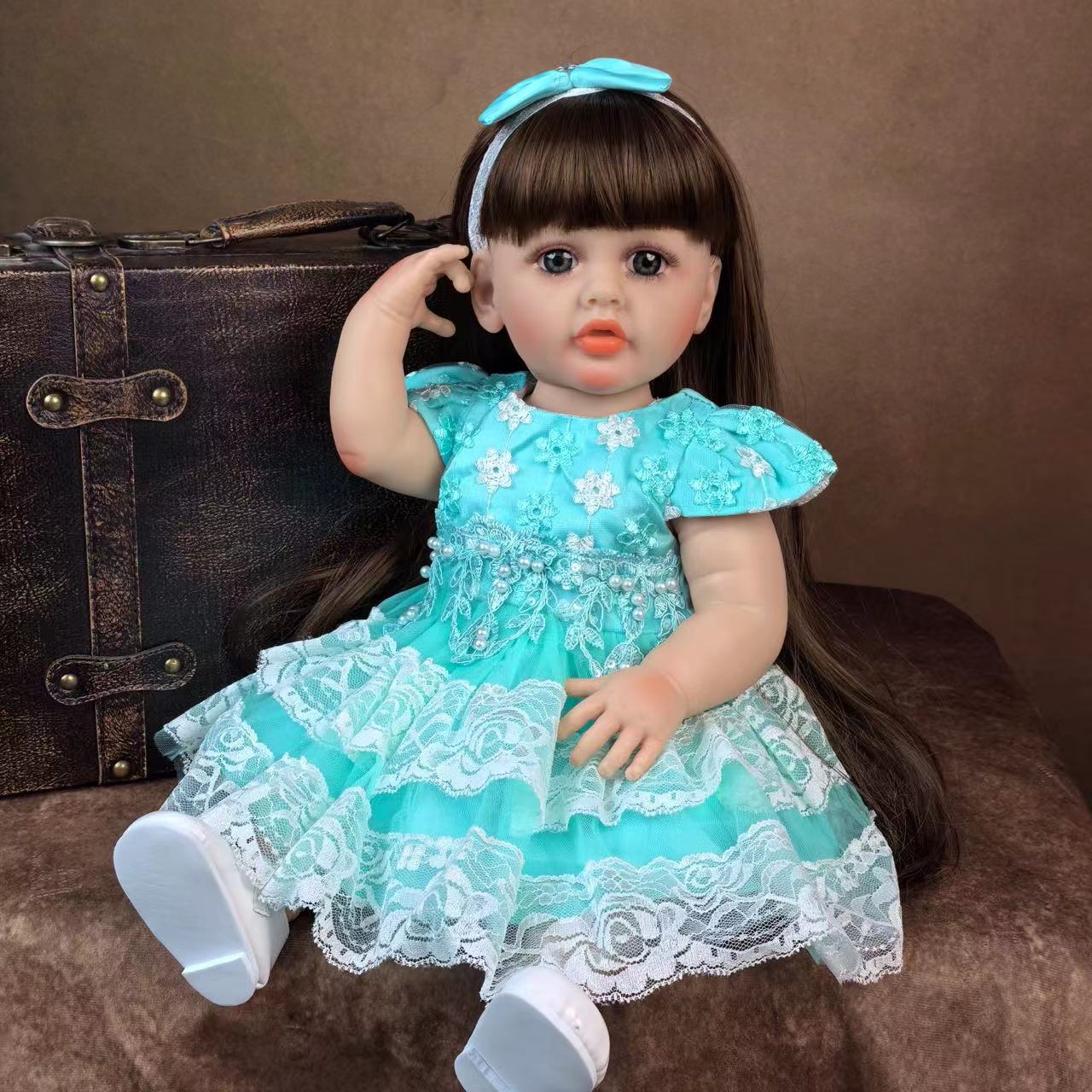 22 Inch Full Body Silicone Realistic Baby Girl with Long Brown Hair & Princess Style, Gravity-Sensing, Gift for Girls 3+
