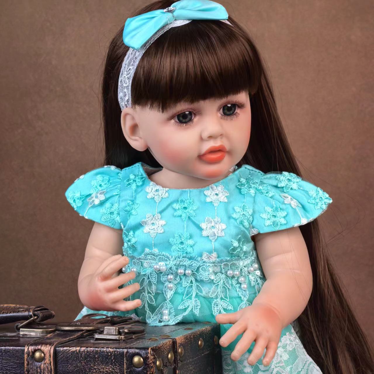 22 inch Full Body Silicone Realistic Baby Girl with Light Brown Hair & Acrylic Eyes, Pink Heart Princess Dress Set with Shoes & Accessories, Gift for Girls 3+