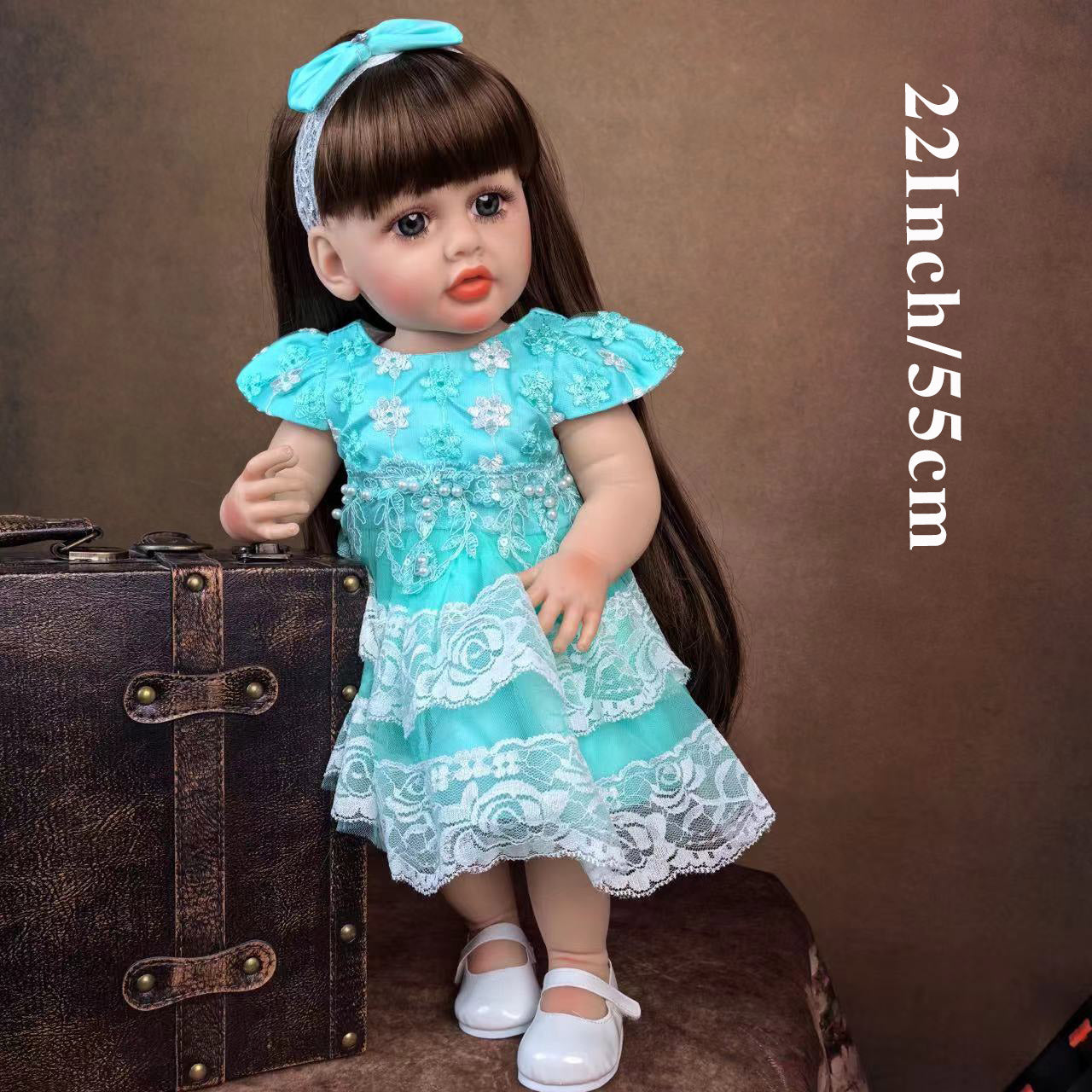 22 inch Full Body Silicone Realistic Baby Girl with Light Brown Hair & Acrylic Eyes, Pink Heart Princess Dress Set with Shoes & Accessories, Gift for Girls 3+
