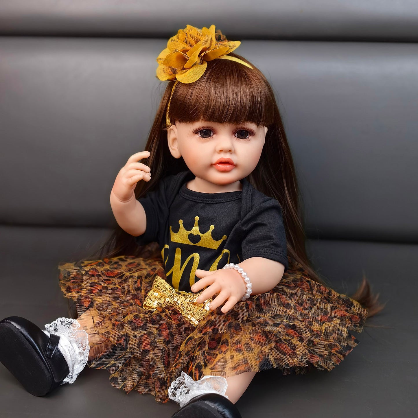 22 inch Full Body Silicone Realistic Baby Girl with Light Brown Hair & Acrylic Eyes, Pink Heart Princess Dress Set with Shoes & Accessories, Gift for Girls 3+