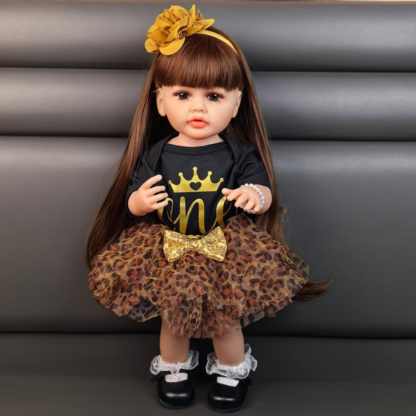 22 inch Full Body Silicone Realistic Baby Girl with Light Brown Hair & Acrylic Eyes, Pink Heart Princess Dress Set with Shoes & Accessories, Gift for Girls 3+