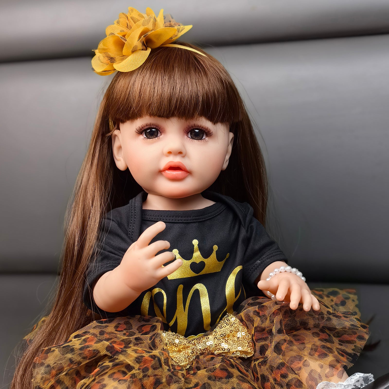 22 inch Full Body Silicone Realistic Baby Girl with Light Brown Hair & Acrylic Eyes, Pink Heart Princess Dress Set with Shoes & Accessories, Gift for Girls 3+
