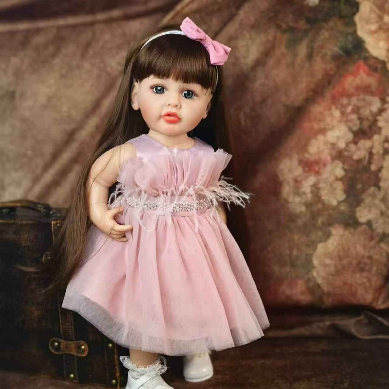 22 inch Full Body Silicone Realistic Baby Girl with Light Brown Hair & Acrylic Eyes, Pink Heart Princess Dress Set with Shoes & Accessories, Gift for Girls 3+