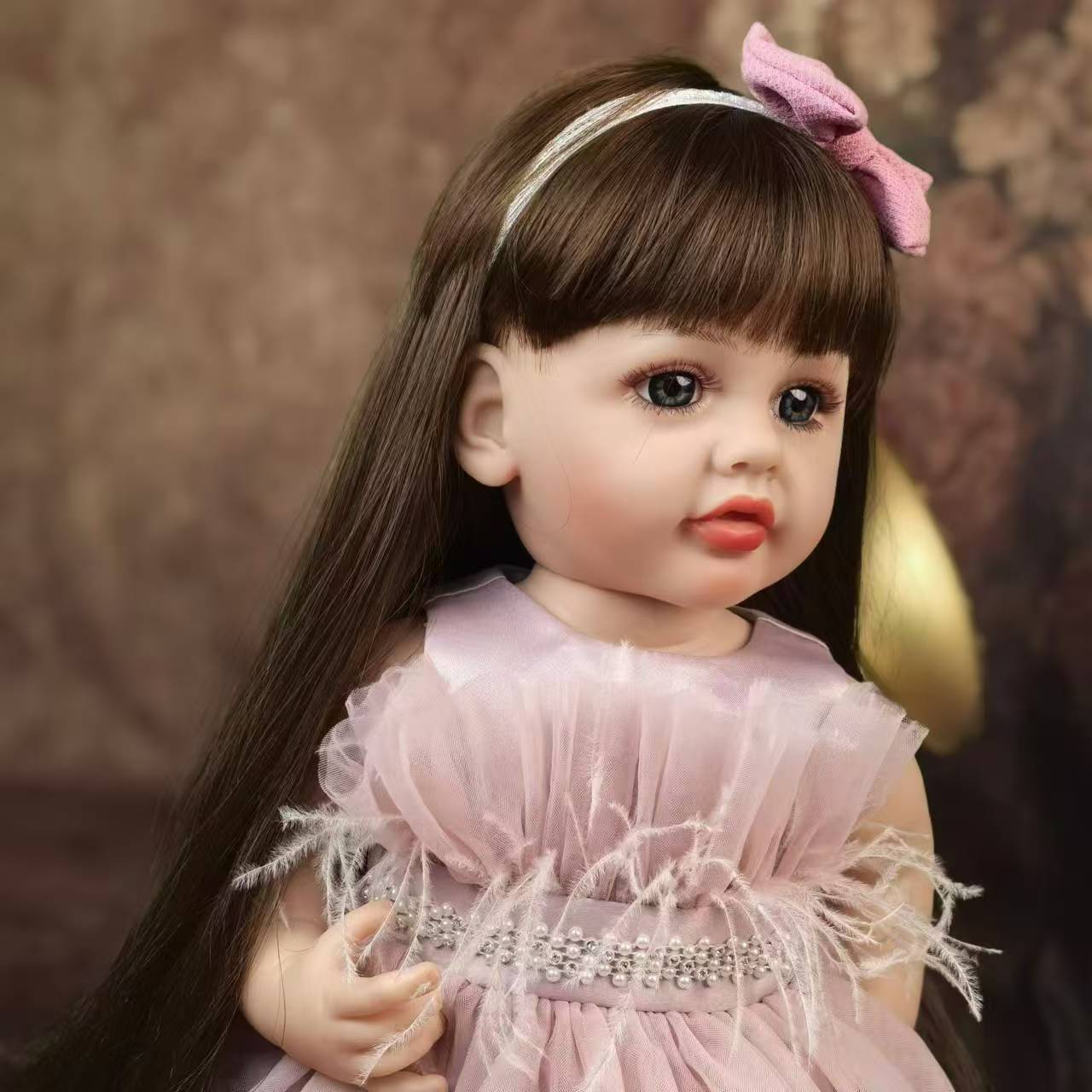 22 inch Full Body Silicone Realistic Baby Girl with Light Brown Hair & Acrylic Eyes, Pink Heart Princess Dress Set with Shoes & Accessories, Gift for Girls 3+