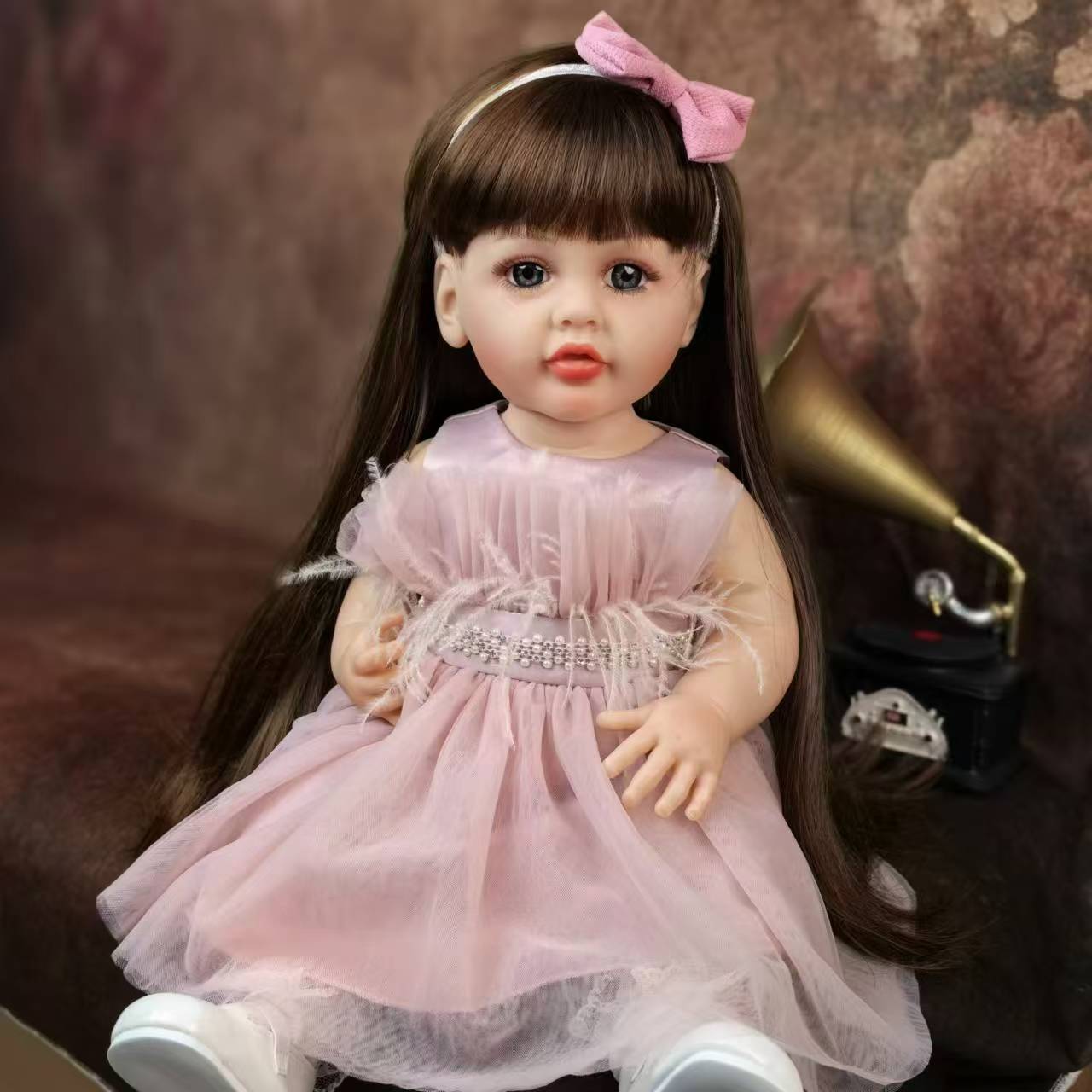 22 inch Full Body Silicone Realistic Baby Girl with Light Brown Hair & Acrylic Eyes, Pink Heart Princess Dress Set with Shoes & Accessories, Gift for Girls 3+