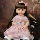 22 inch Full Body Silicone Realistic Baby Girl with Light Brown Hair & Acrylic Eyes, Pink Heart Princess Dress Set with Shoes & Accessories, Gift for Girls 3+