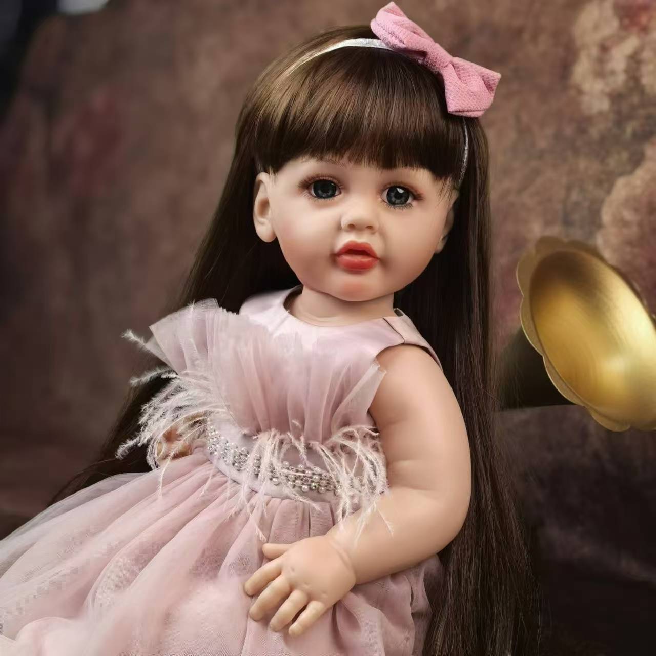 22 inch Full Body Silicone Realistic Baby Girl with Light Brown Hair & Acrylic Eyes, Pink Heart Princess Dress Set with Shoes & Accessories, Gift for Girls 3+