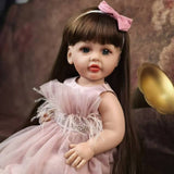 22 inch Full Body Silicone Realistic Baby Girl with Light Brown Hair & Acrylic Eyes, Pink Heart Princess Dress Set with Shoes & Accessories, Gift for Girls 3+
