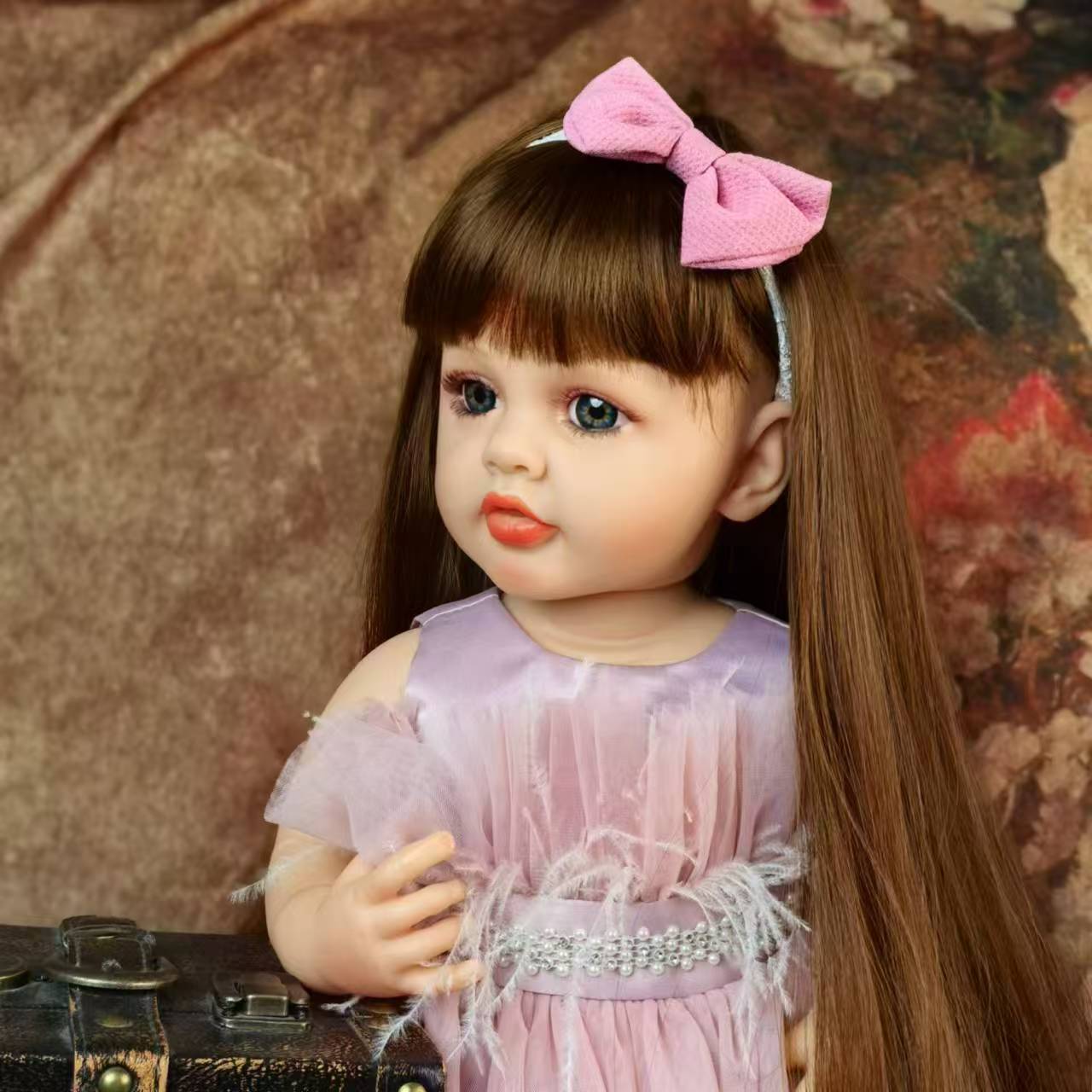 22 inch Full Body Silicone Realistic Baby Girl with Light Brown Hair & Acrylic Eyes, Pink Heart Princess Dress Set with Shoes & Accessories, Gift for Girls 3+