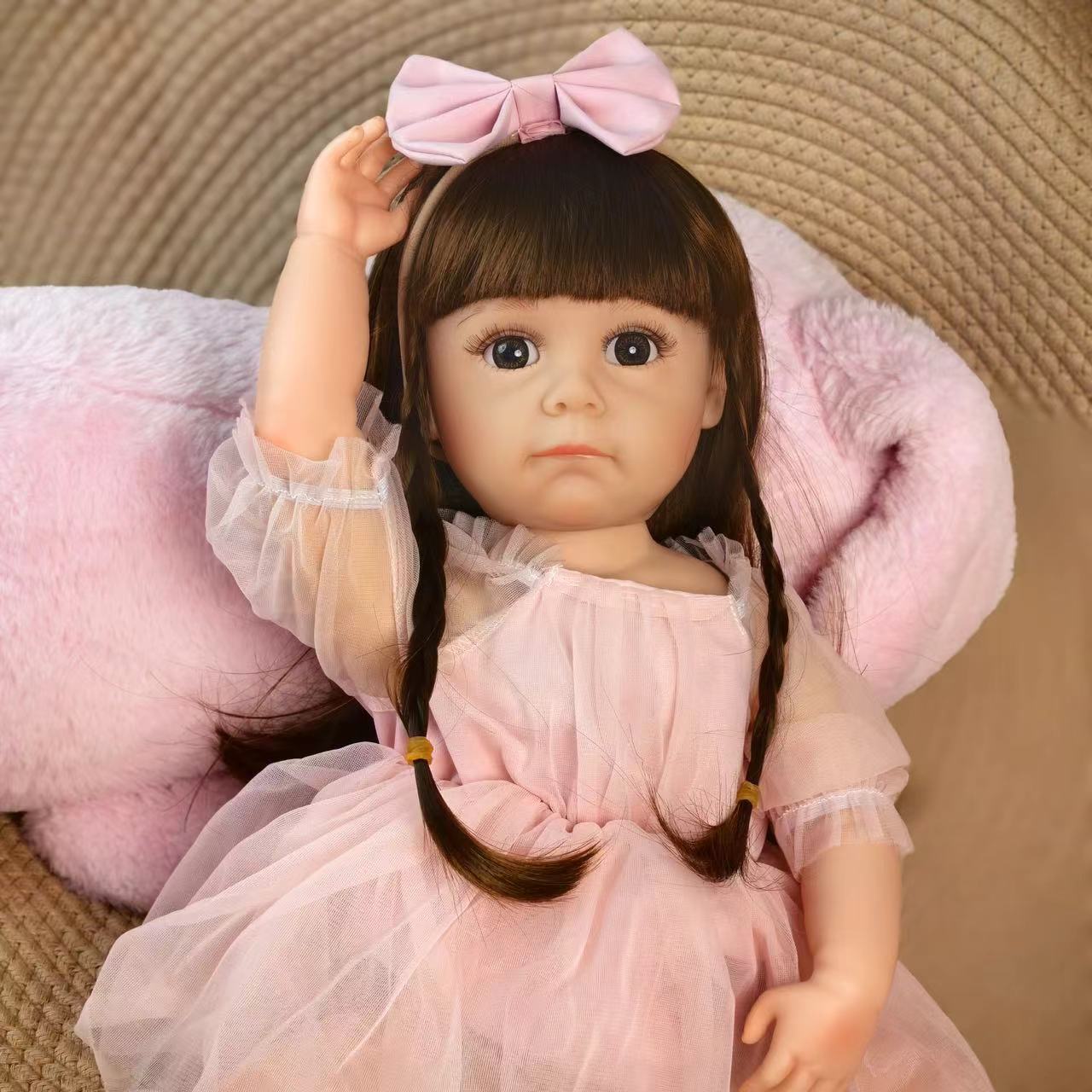 18 Inch Full Body Silicone Realistic Baby Girl with Long Brown Hair & Princess Style, Gift for Girls 3+