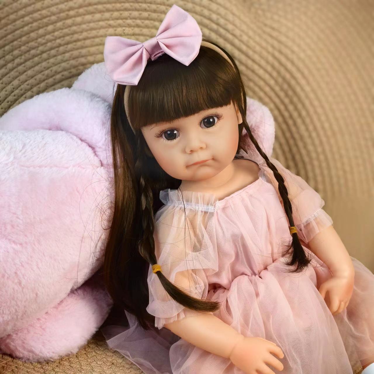 18 Inch Full Body Silicone Realistic Baby Girl with Long Brown Hair & Princess Style, Gift for Girls 3+