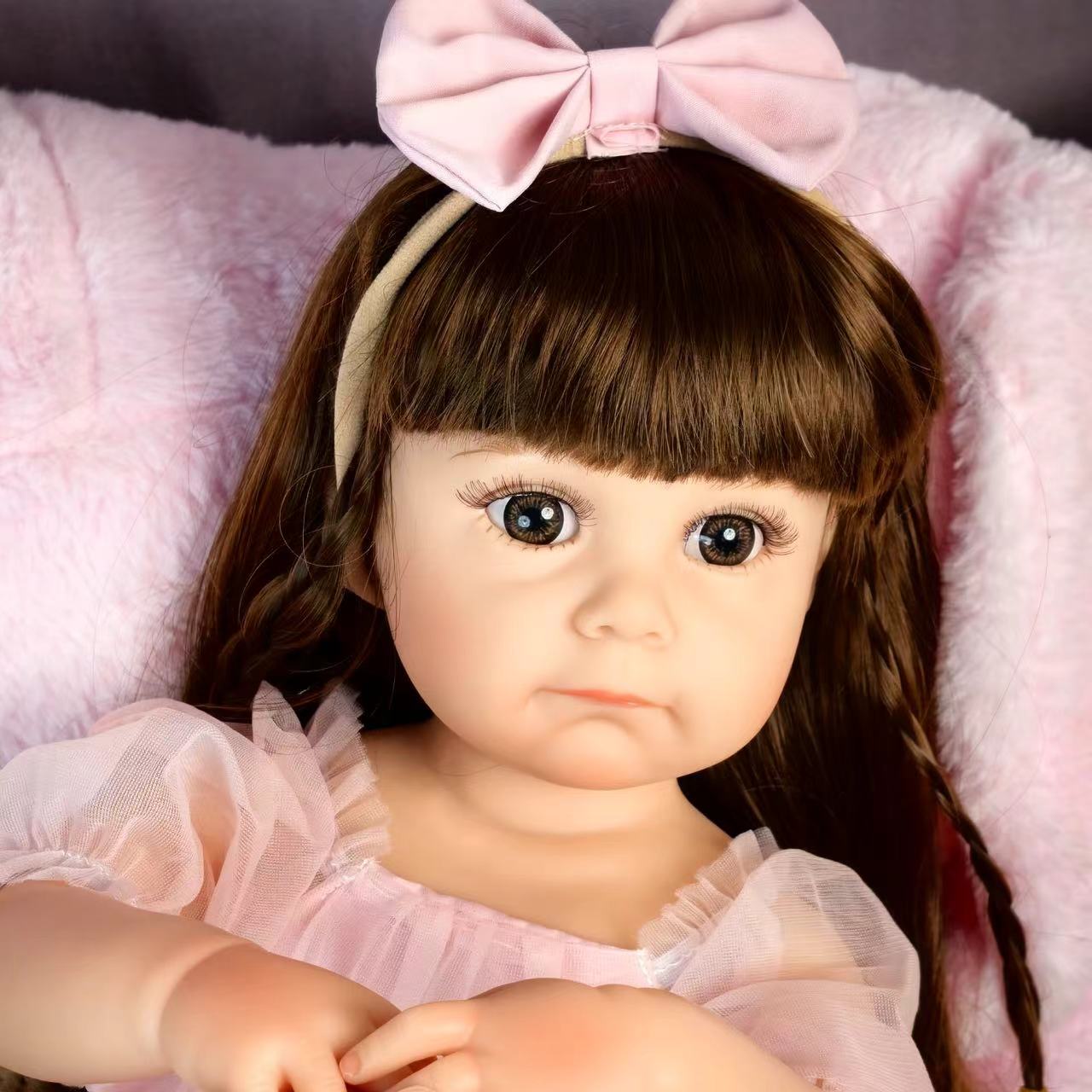 18 Inch Full Body Silicone Realistic Baby Girl with Long Brown Hair & Princess Style, Gift for Girls 3+