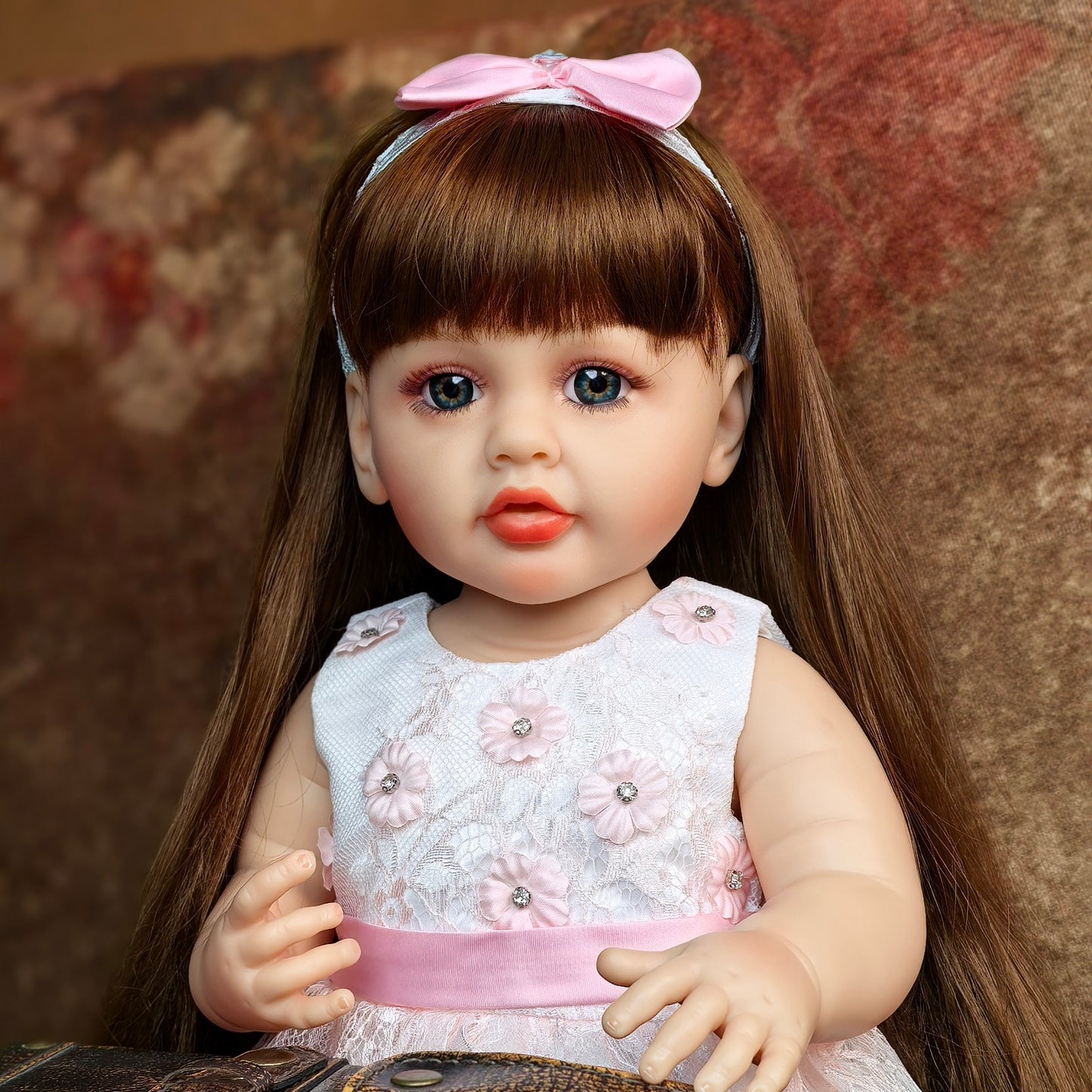 22 inch Full Body Silicone Realistic Baby Girl with Light Brown Hair & Acrylic Eyes, Pink Heart Princess Dress Set with Shoes & Accessories, Gift for Girls 3+