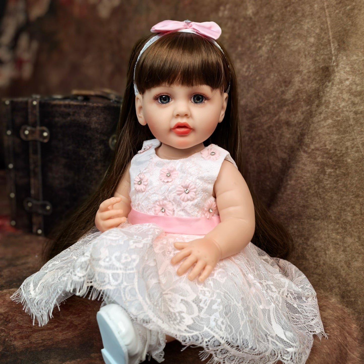 22 inch Full Body Silicone Realistic Baby Girl with Light Brown Hair & Acrylic Eyes, Pink Heart Princess Dress Set with Shoes & Accessories, Gift for Girls 3+