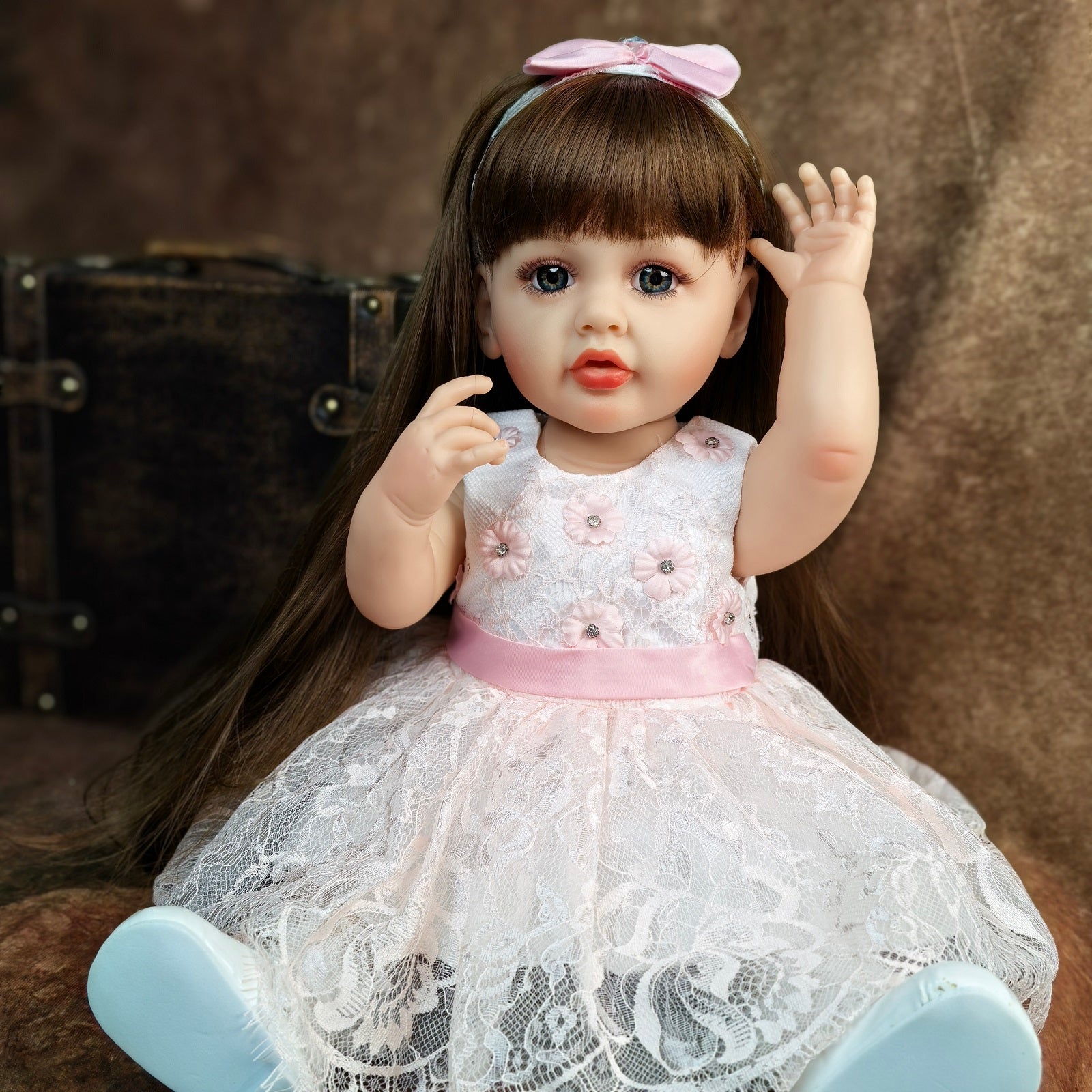 22 inch Full Body Silicone Realistic Baby Girl with Light Brown Hair & Acrylic Eyes, Pink Heart Princess Dress Set with Shoes & Accessories, Gift for Girls 3+