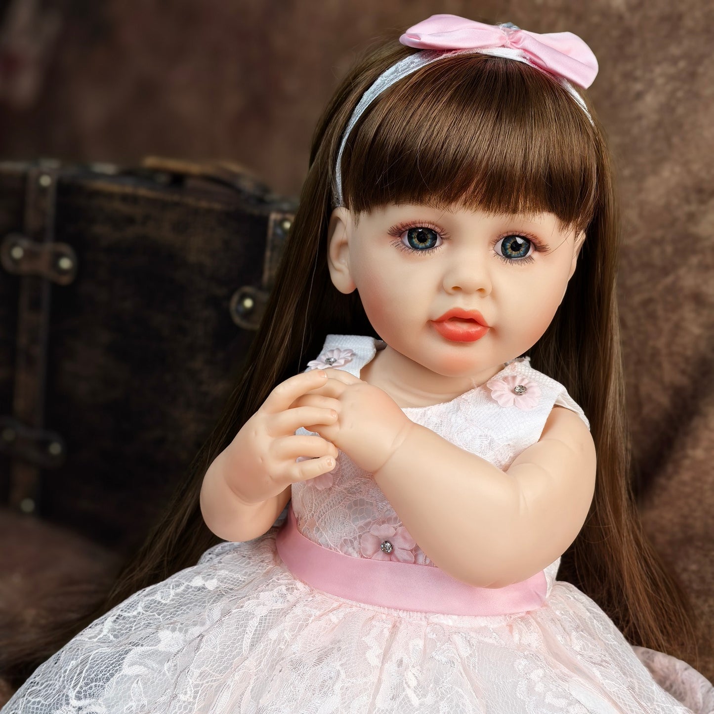 22 inch Full Body Silicone Realistic Baby Girl with Light Brown Hair & Acrylic Eyes, Pink Heart Princess Dress Set with Shoes & Accessories, Gift for Girls 3+