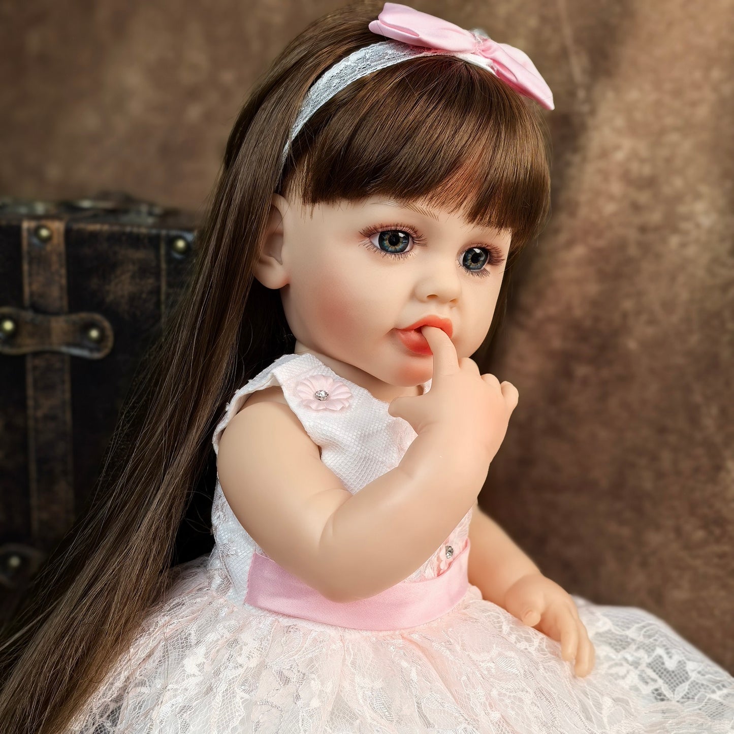 22 inch Full Body Silicone Realistic Baby Girl with Light Brown Hair & Acrylic Eyes, Pink Heart Princess Dress Set with Shoes & Accessories, Gift for Girls 3+